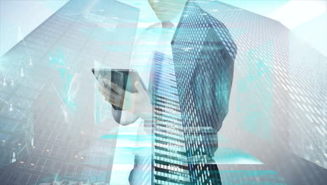 using tablet, businessperson with skyscraper and digital data animation in background