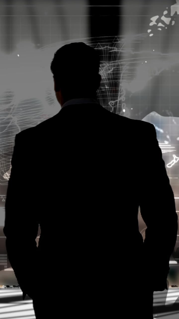 Animazione di un uomo d'affari su informazioni ed elaborazione dati su interfaccia
