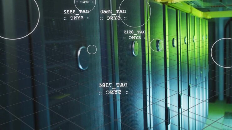 Cam sweeping racks in DC showing DAT overlays rotating, lighting shifting blue-green for monitoring