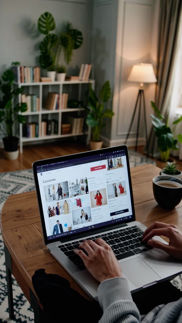 Over-the-shoulder angle of a person browsing a fashion website on a laptop in a cozy room