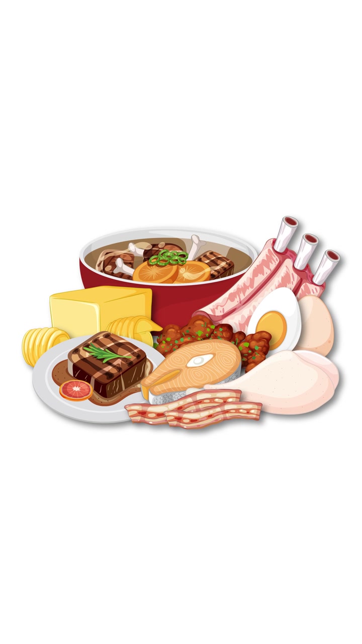 Berbagai makanan berbasis hewani muncul dan tersusun, menyoroti makanan pokok diet karnivora dalam tata letak yang rapi.