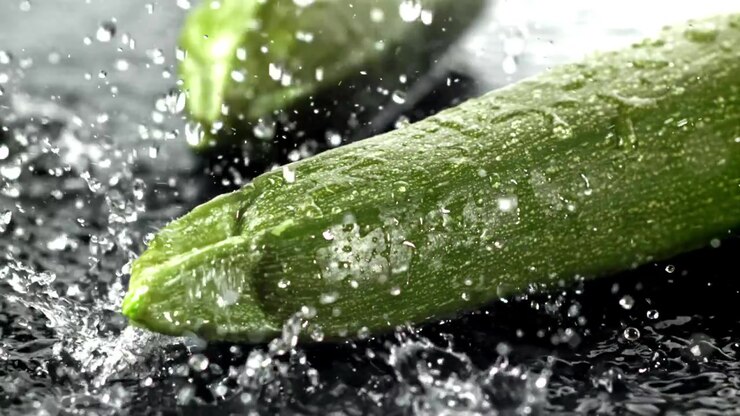 Water Splashing on Fresh Green Zucchini in Slow Motion