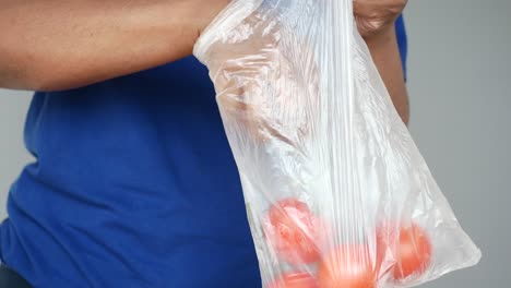 person holding a bag of tomatoes
