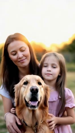 a woman and girl are standing in a field with a golden retriever
