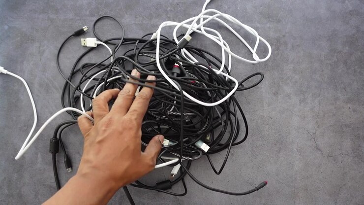 Hand Sorting Through a Tangled Mess of Electronic Cables