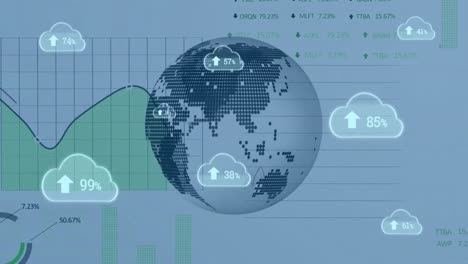 Animation-of-clouds-with-percentage-and-data-processing-with-globe-on-white-background