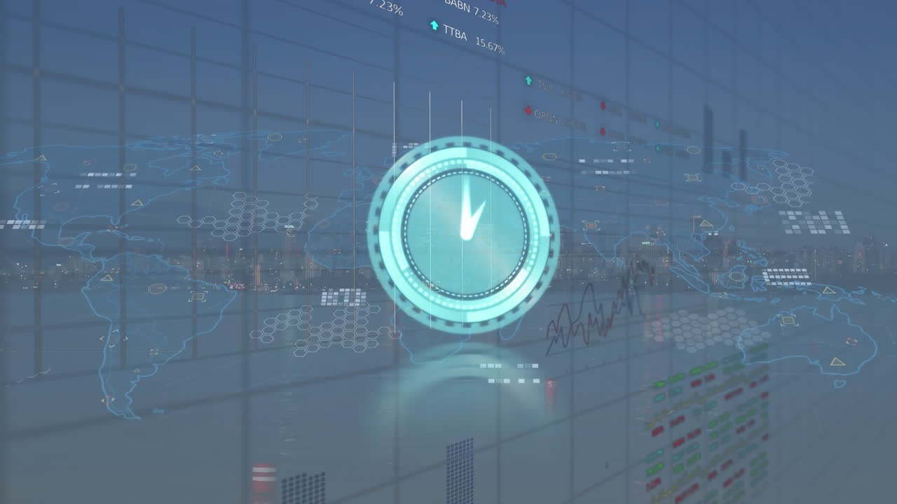 시계의 타이킹과 도시 풍경에 대한 데이터 처리 애니메이션