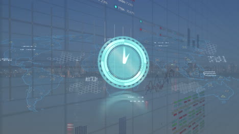 animation of clock ticking and data processing over cityscape