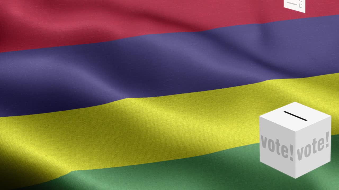 las papeletas de votación vuelan a la caja para la selección de mauricio - caja de votación frente a la bandera - elección - voto - bandera de mauricio - bandera demauricio alto detalle - bandera nacional mauricio patrón de ondas elementos en bucle - textura de tela y bucle sin fin