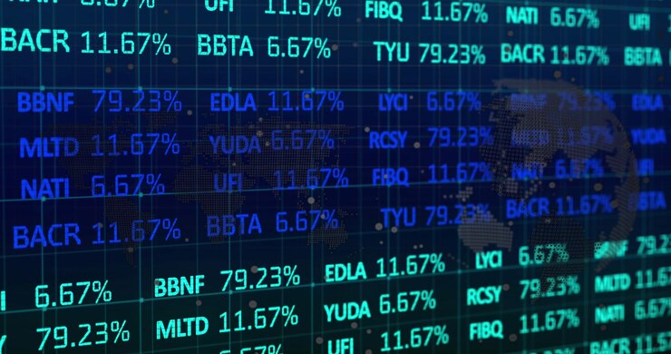 Animation of financial data processing over dark background
