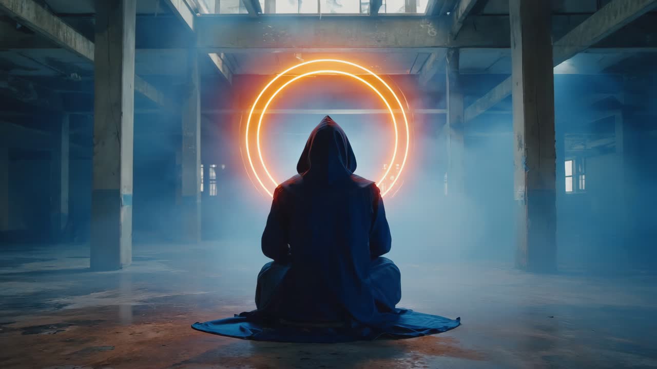 Mysterious Hooded Figure Meditating with Glowing Ring in Abandoned Industrial Space
