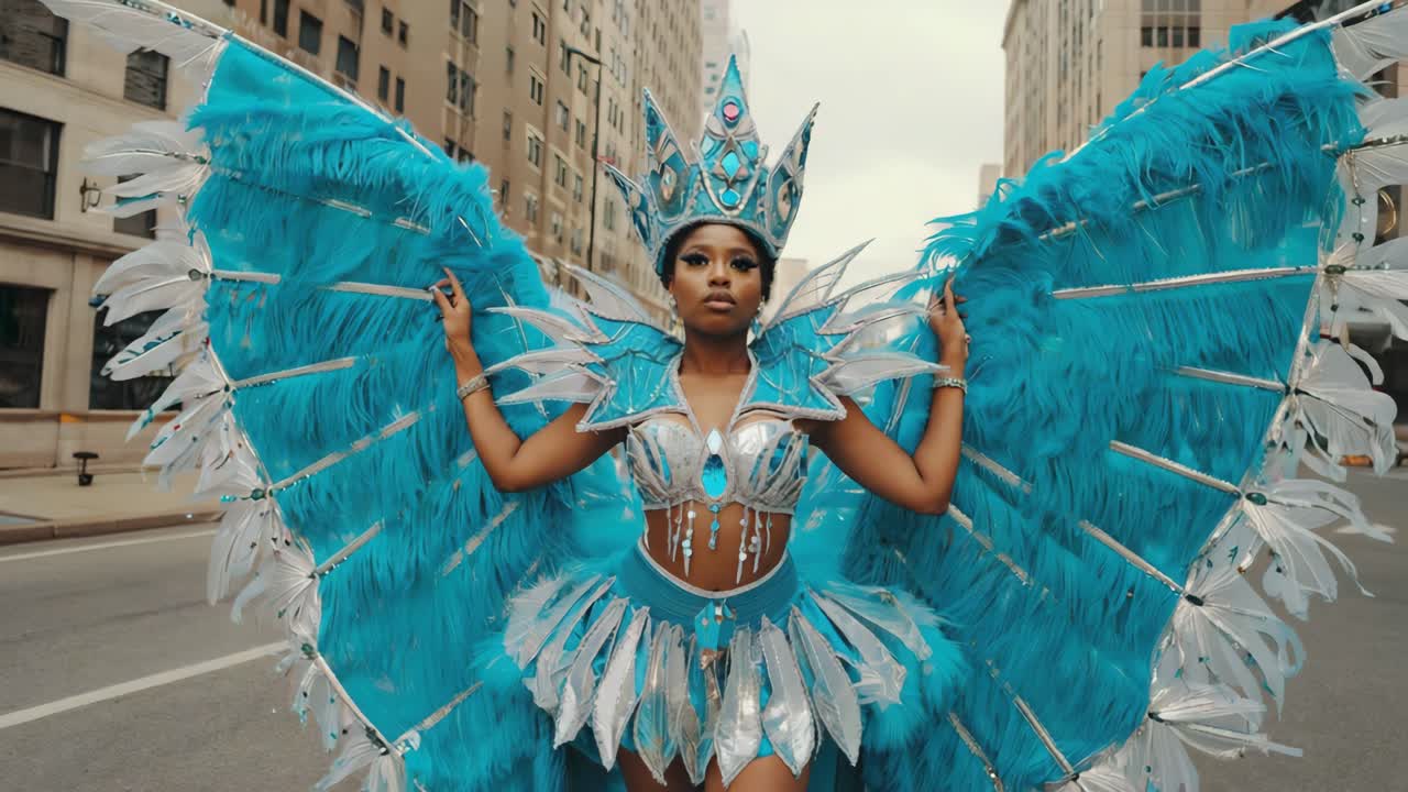 Woman in Elaborate Feather Costume on City Street