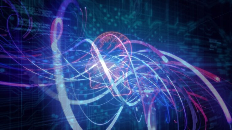 Animation of computer circuit board and data processing over light trails on black background