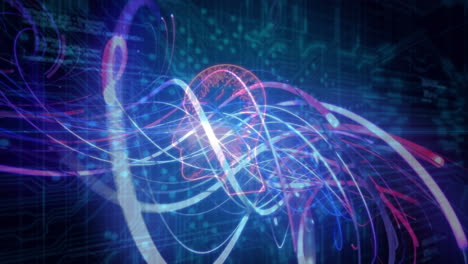 animación de una placa de circuitos informáticos y procesamiento de datos sobre rastros de luz sobre un fondo negro