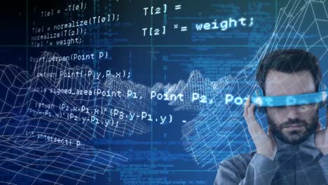 caucasian man wearing vr goggles against 3d mountain structures and data processing