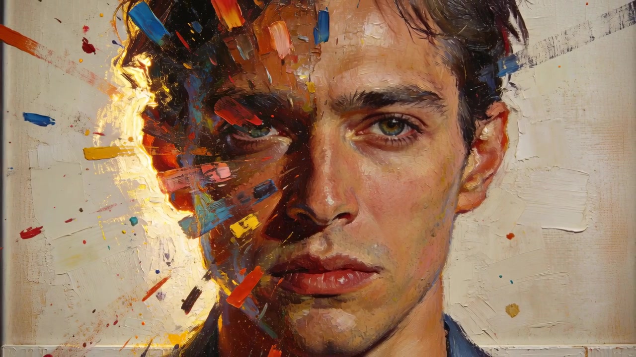 Frammenti di pittura che esplodono animano un ritratto maschile su tela, mostrando una camicia con colletto e una calda luce di contorno.