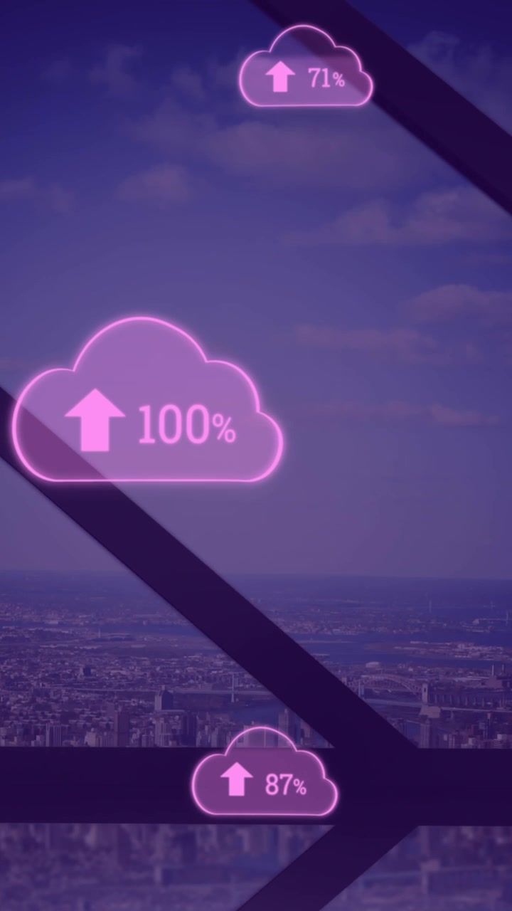 Animation of network of connections with icons over cityscape