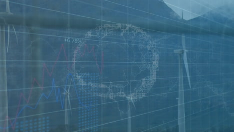 wind turbines being animated in 3d render, overlaid with grid lines and data charts