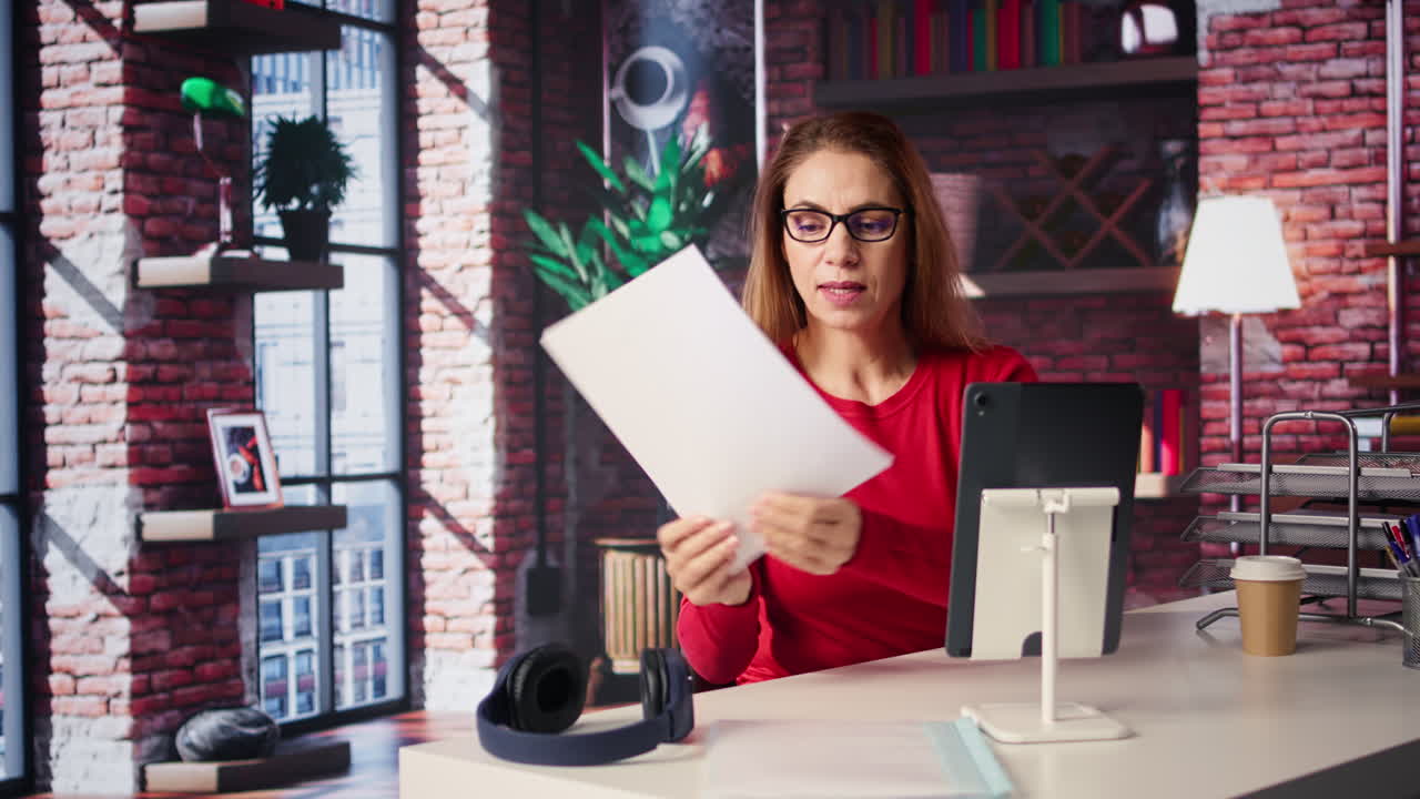 Woman working at a desk with a tablet