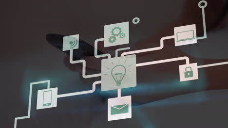 animation of network of connections with icons over man using smartphone