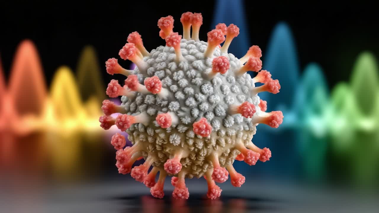 Exploring the Intricate Structure of a Virus: Detailed Visualization of Viral Particles Against a Vibrant Background of Colorful Waveforms