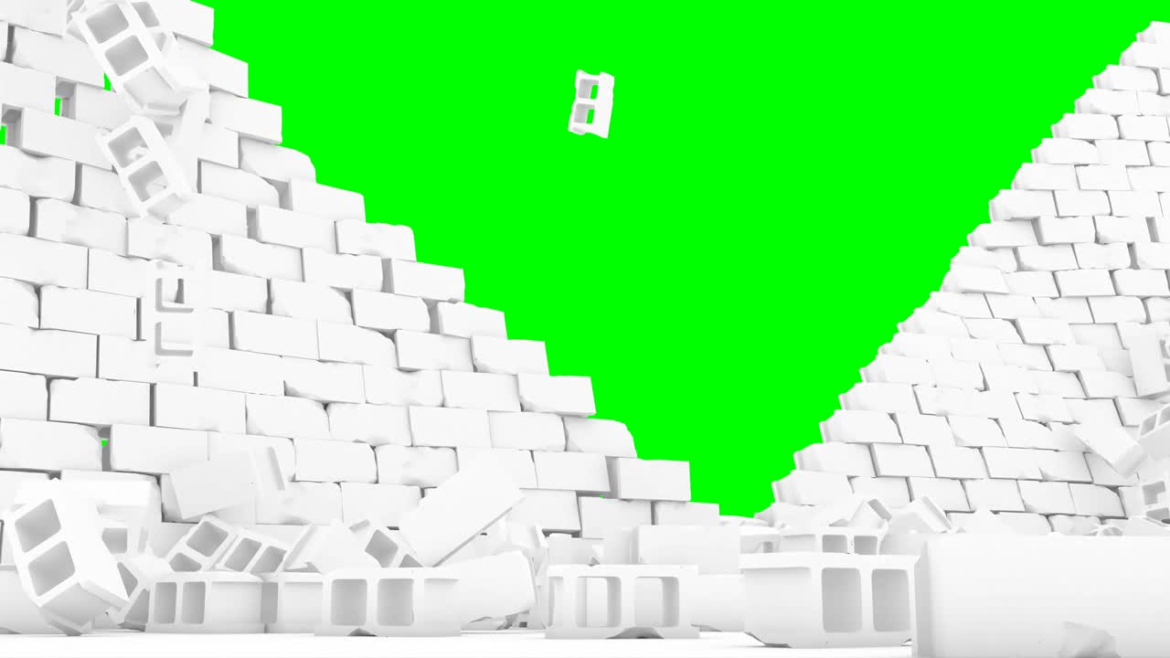 벽돌 벽이 녹색 스크린에서 파괴됩니다.