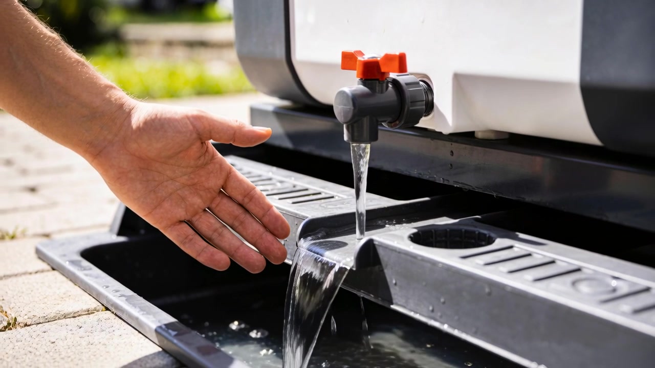 Avambraccio nudo che scivola sotto una valvola aperta che spruzza acqua sul patio, con una manopola rossa sul serbatoio.