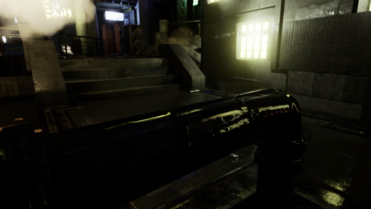 Shimmering rain soaked alleyway illuminated by neon lights at night