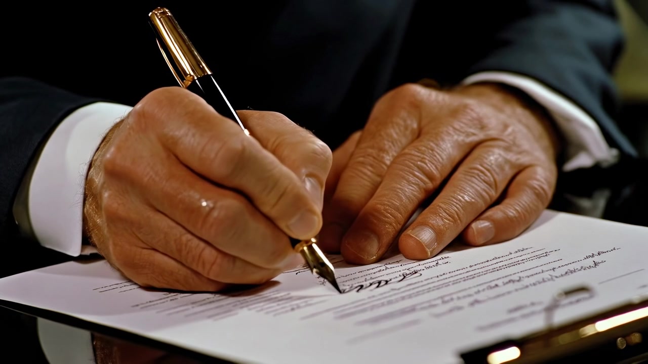 Close-up of a Businessman Signing a Formal Document