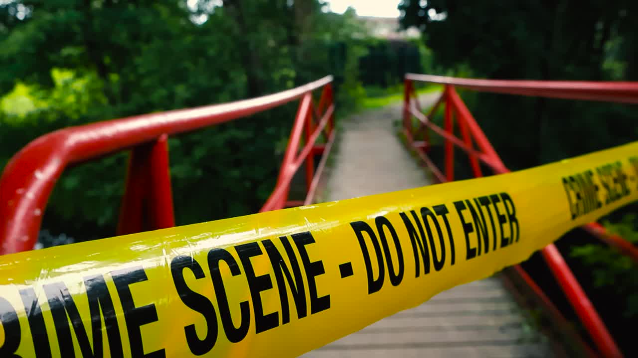 Yellow crime scene Do Not Enter police ribbon tape pulled over and in front of a red metallic bridge that is going over a small river during summer evening with trees on the sides. Wooden boardwalk
