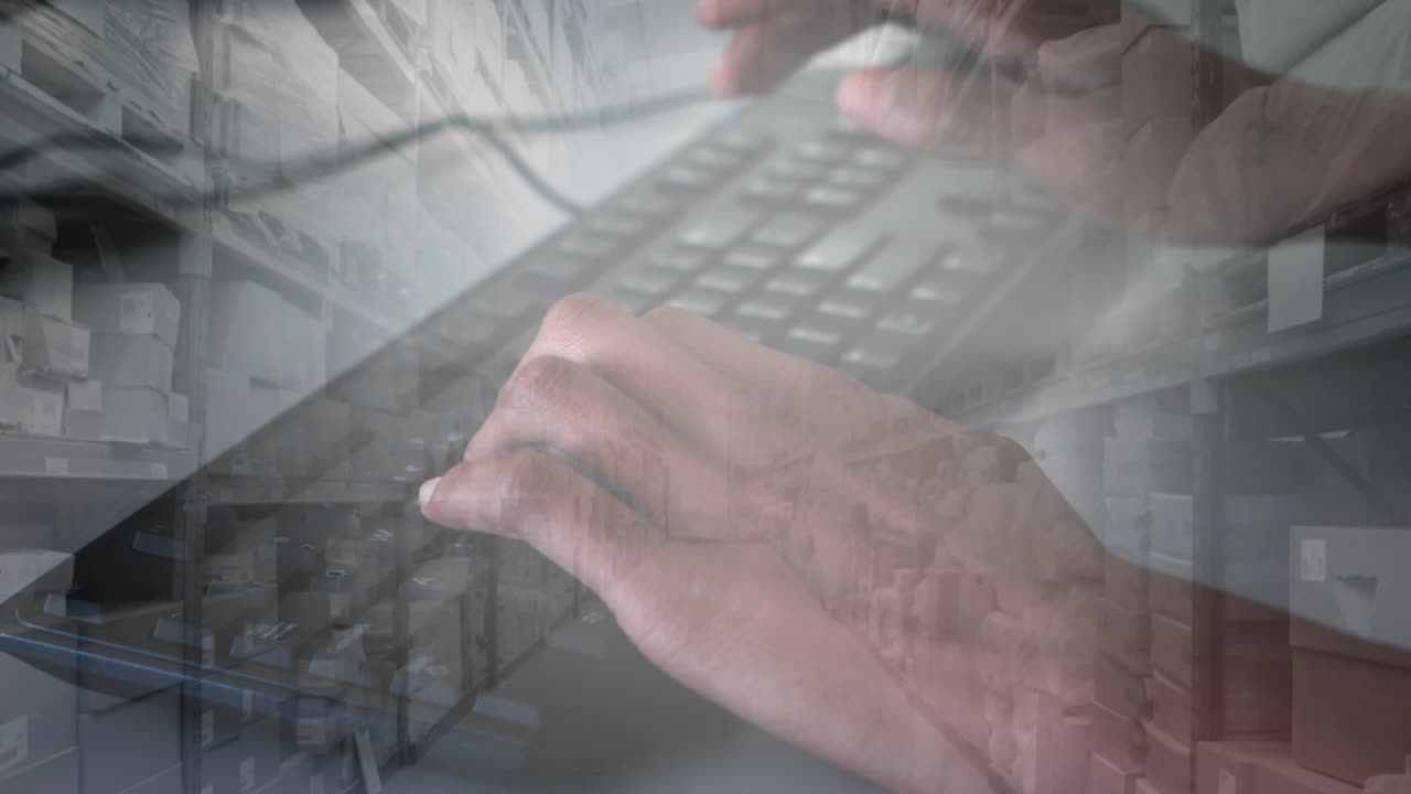 animación de una persona escribiendo en el teclado de la computadora con el almacén en el fondo