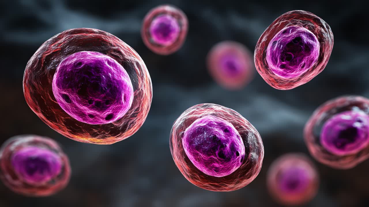 Uno sguardo dettagliato alle strutture cellulari: la vita vibrante delle cellule con nuclei viola distintivi e le loro dinamiche di membrana circostanti
