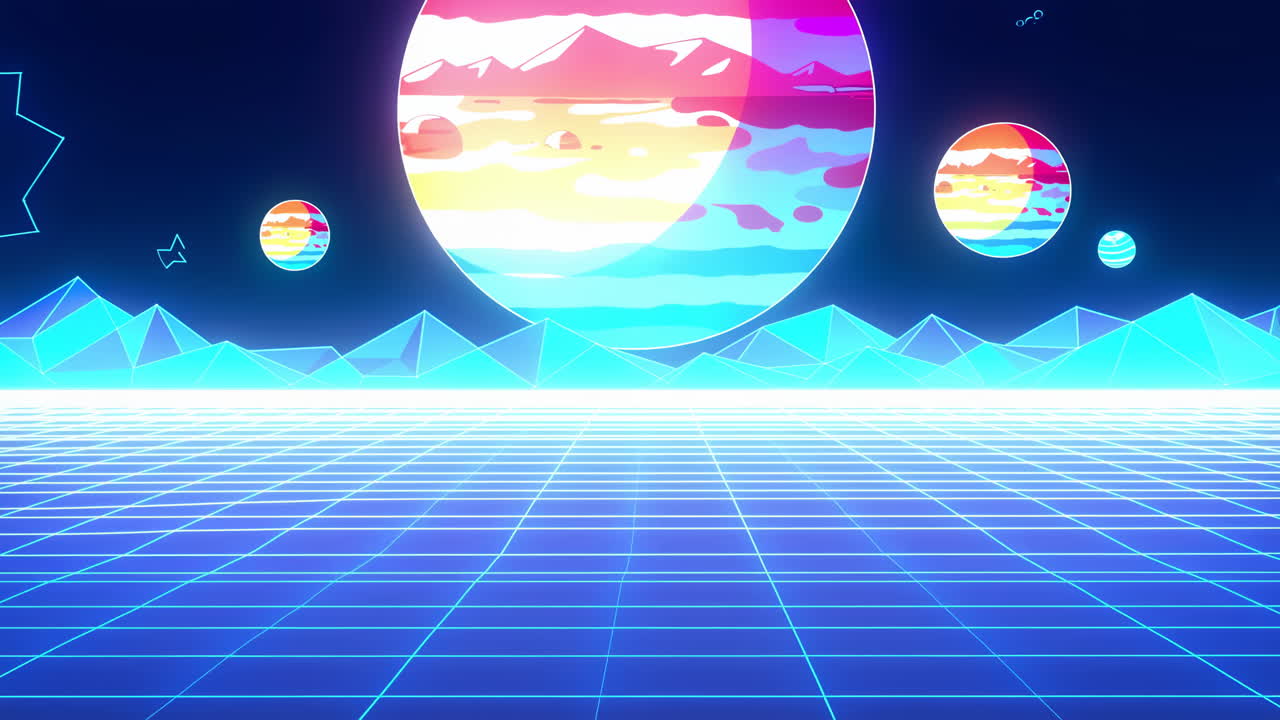 Paesaggio animato synthwave retrò con griglia e pianeti luminosi
