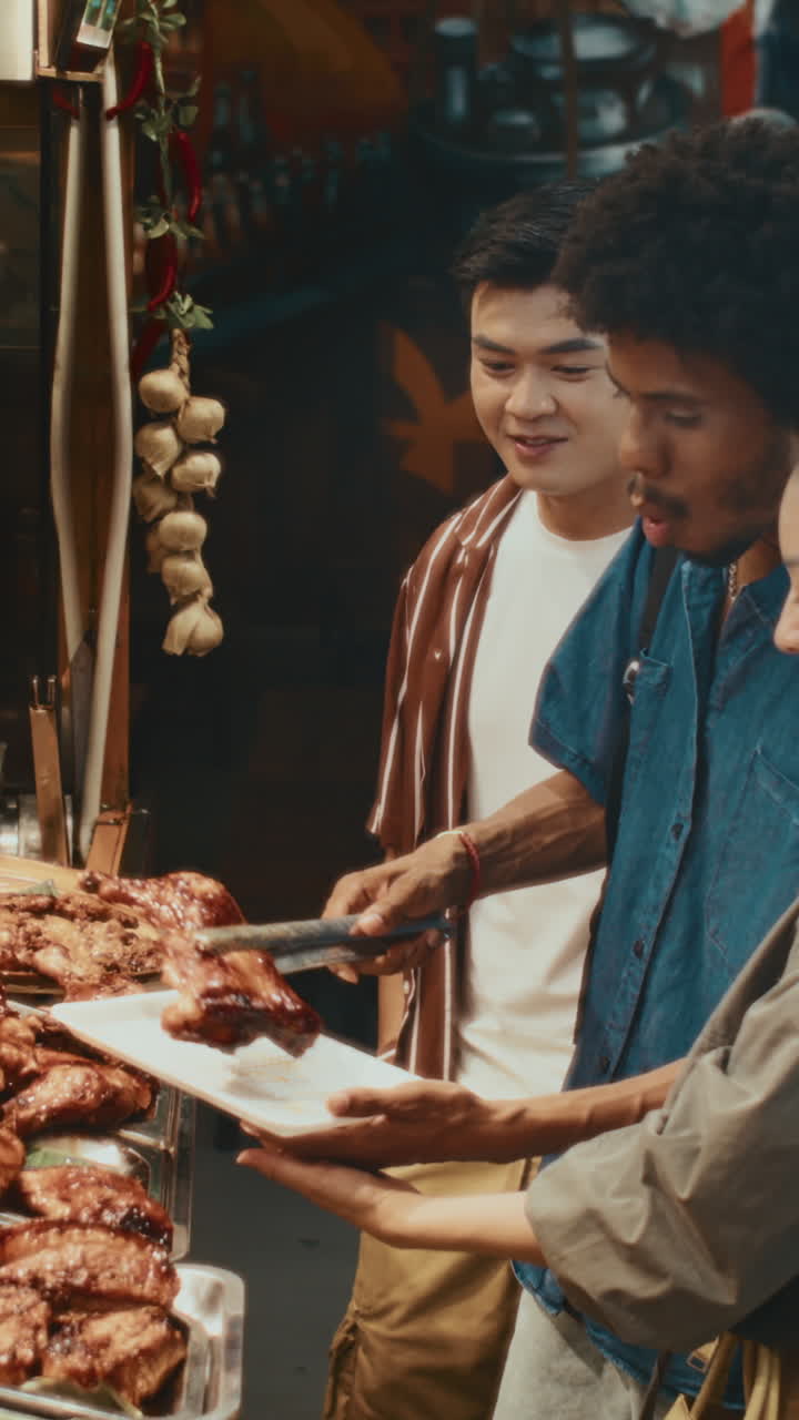 Diverse Friends Buying Grilled Chicken at Food Market