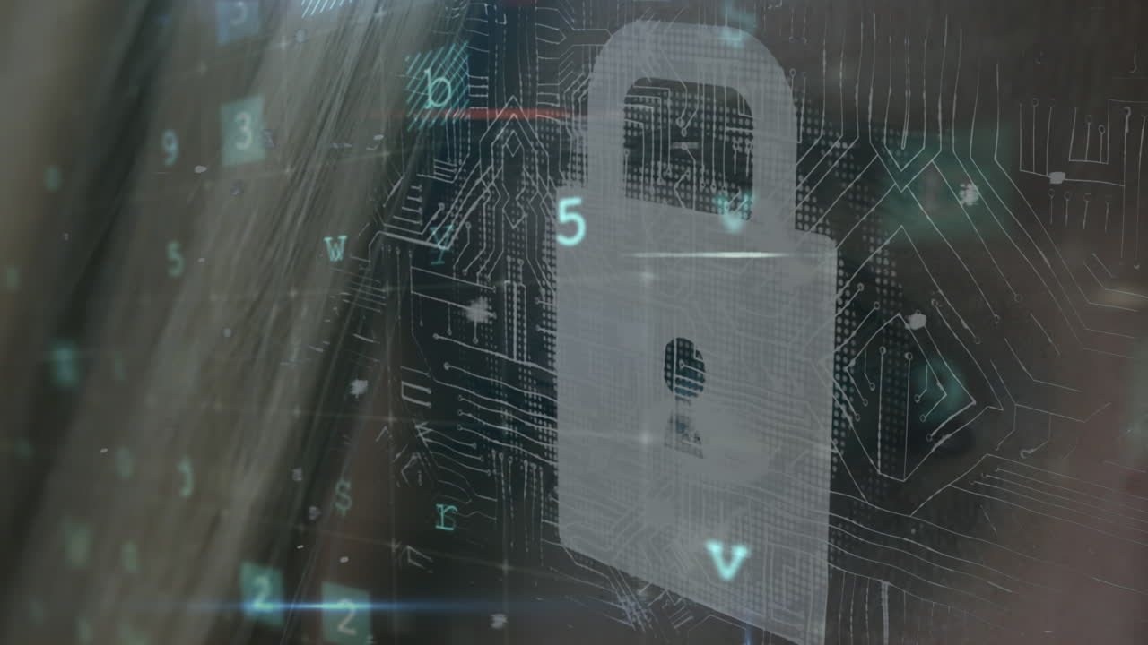 animación del candado de seguridad sobre el procesamiento de datos en fondo oscuro