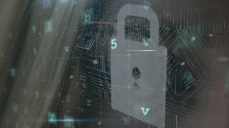Animation of security padlock over data processing on dark background