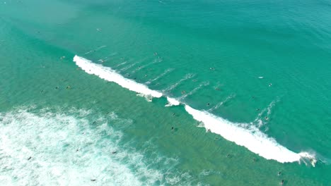 a group of surfers paddling over a big ocean wave surf session