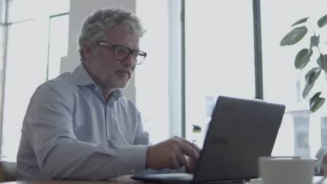 hombre de negocios de pelo gris enfocado sentado y trabajando