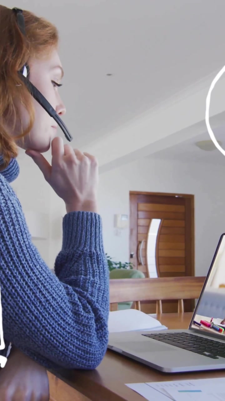 Animation af ikoner for skoleartikler over hvid kvindelig lærer der har et skolevideokald