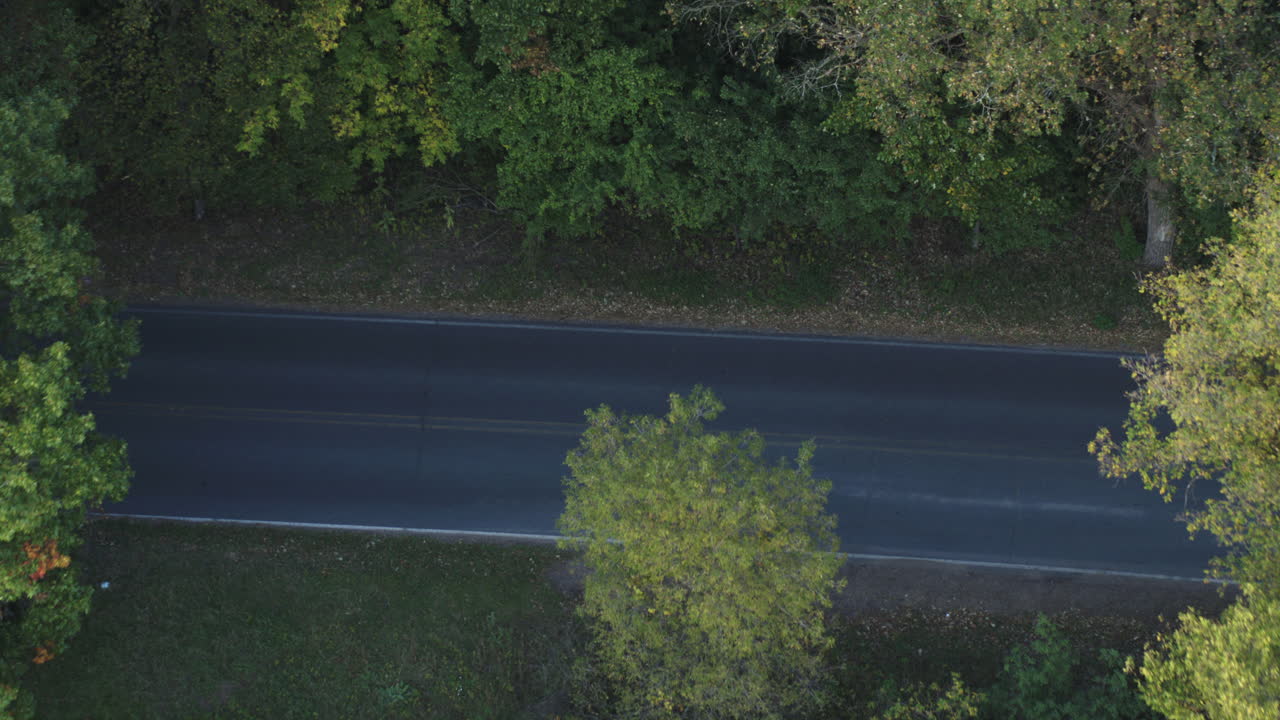 야외 숲의 포장 도로에서 운전하는 공중, 녹색 맥라렌 슈퍼 경주용 자동차