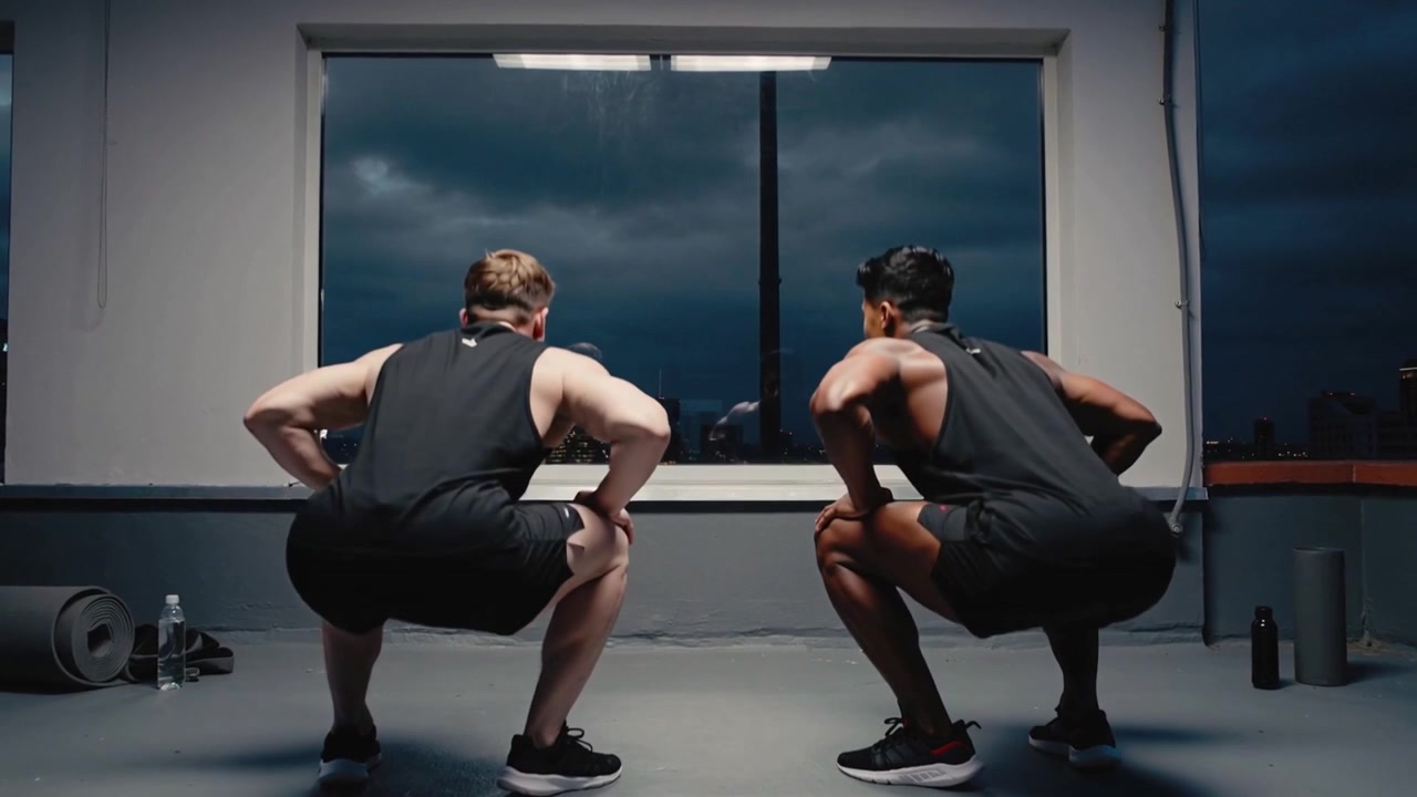 Inizio del set, due uomini che eseguono squat a specchio per allenamento in uno studio vicino a una finestra, indossando canotte nere.