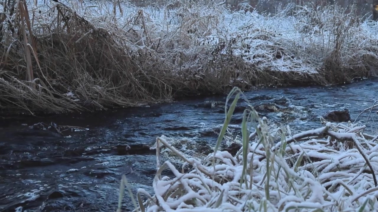 Langzaam bewegende beelden van donker rivier- of beekwater dat in slow motion beweegt door hoog, met sneeuw bedekt, bruin gras overdag. Water creëert golven, schuimend water en spatten.