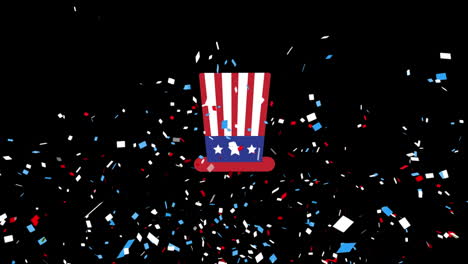 animation of red and blue confetti falling and hat on black background