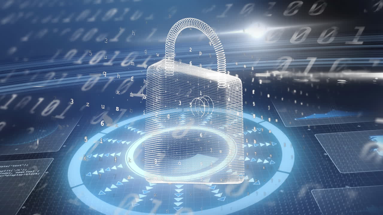 Animation of online security padlock, scope scanning and data processing