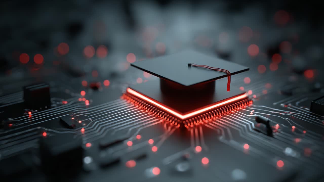 A Unique Fusion of Technology and Education: A Graduation Cap Resting on a Circuit Board, Symbolizing the Intersection of Knowledge and Innovation in the Digital Age