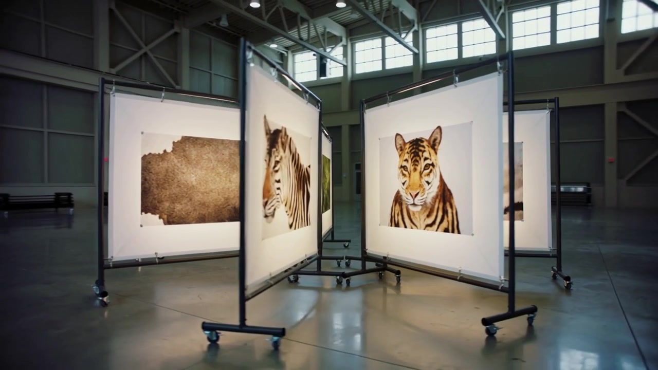 Rotating four-panel display pivoting on wheeled base in hangar, revealing cow zebra tiger prints