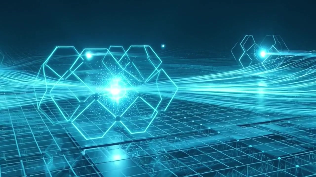 Connessione di rete digitale astratta con nodi esagonali luminosi e flussi di dati