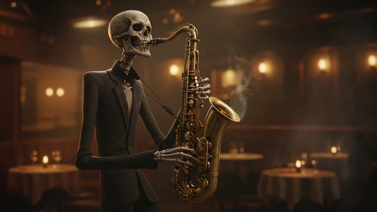 A stylish skeleton playing a saxophone in a dimly lit jazz club, captivating the audience with smooth melodies and a hauntingly beautiful ambiance