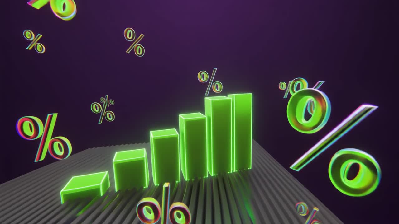 Grafico a barre animato che mostra la crescita con simboli percentuali in caduta.