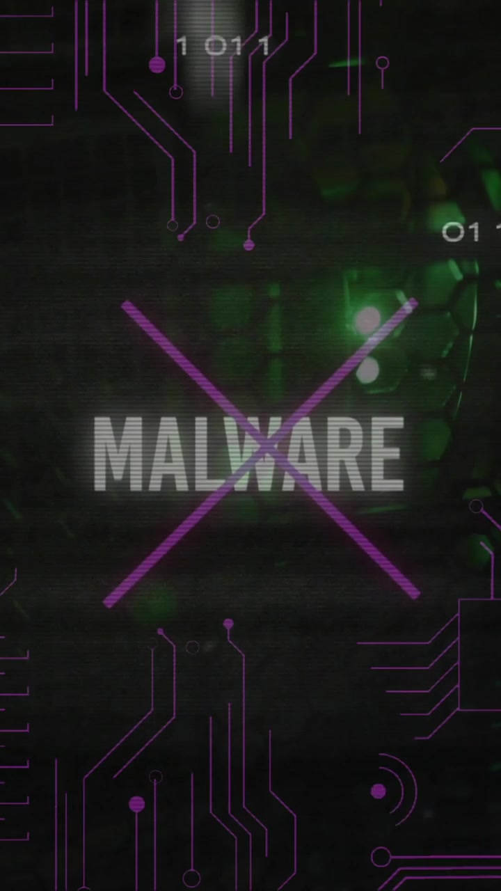 Malware-tekst animation over digital kode og grønne lys baggrund